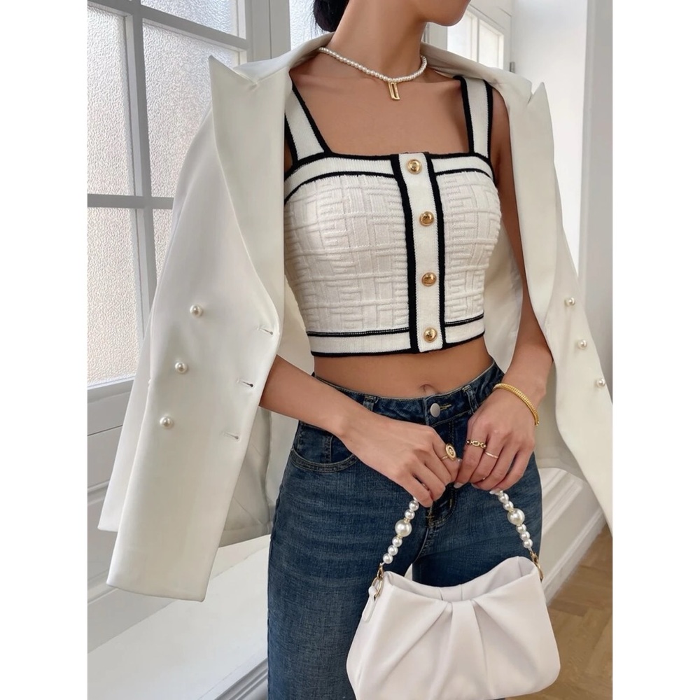SHEIN Chic Ivory Crop with Black Accent a Gold Buttons